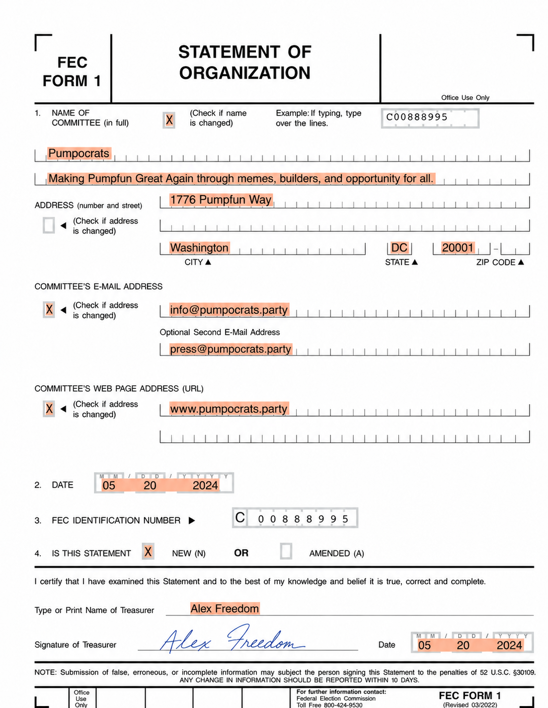 FEC Form 1 Statement of Organization for the Pumpocrats committee